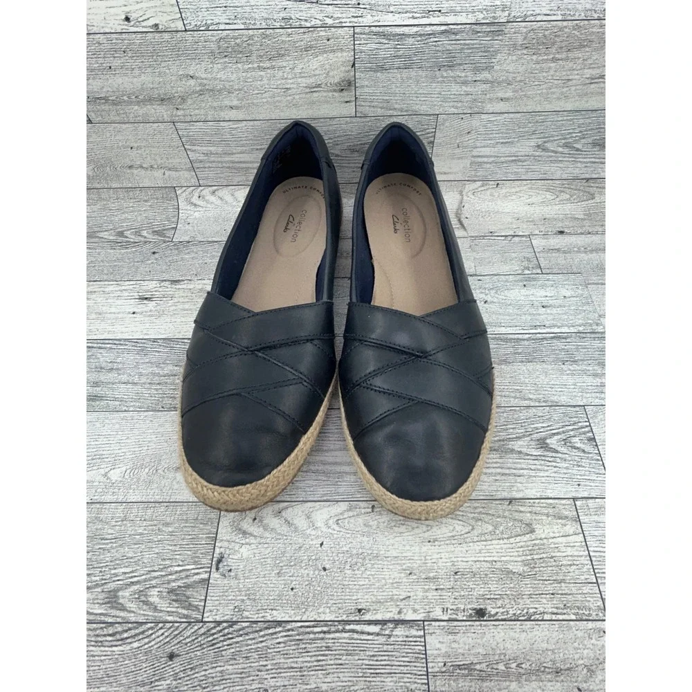 Clarks Collection Navy Blue Leather Espadrille Flats Ultimate Comfort Women Sz 9